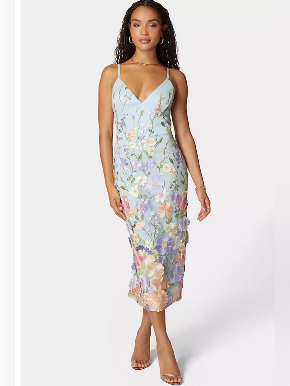 bebe Light Blue Floral Embroidered Midi Dress Floral Sz Small Wedding Guest